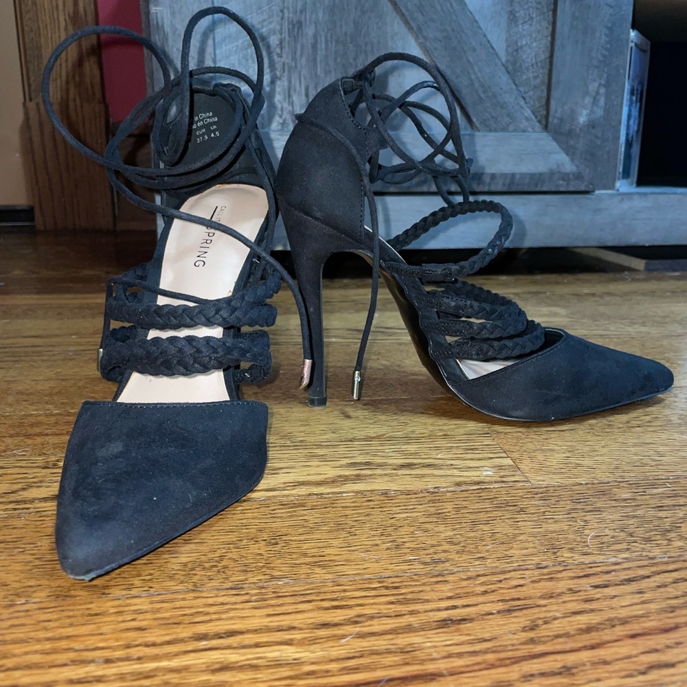 Elegant Black Braided Tie-Up Heels